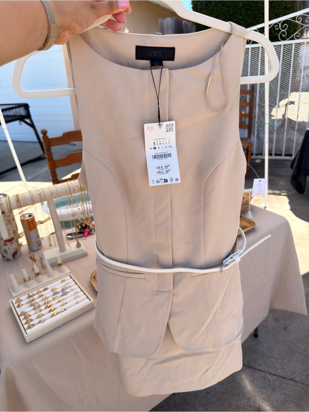 Zara Beige Sleeveless Belted Jumpsuit